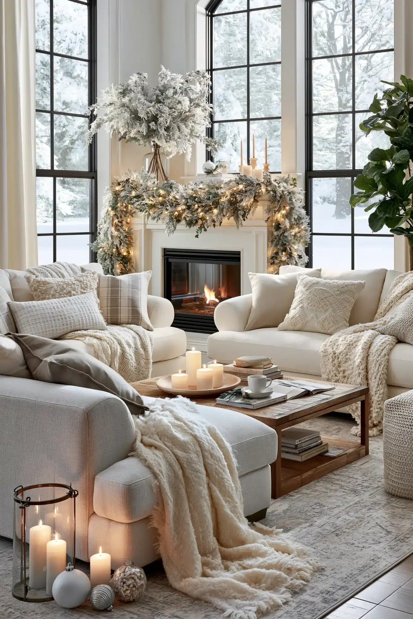 Peaceful snowy interior with layered textiles, warm lighting, and white Christmas decor