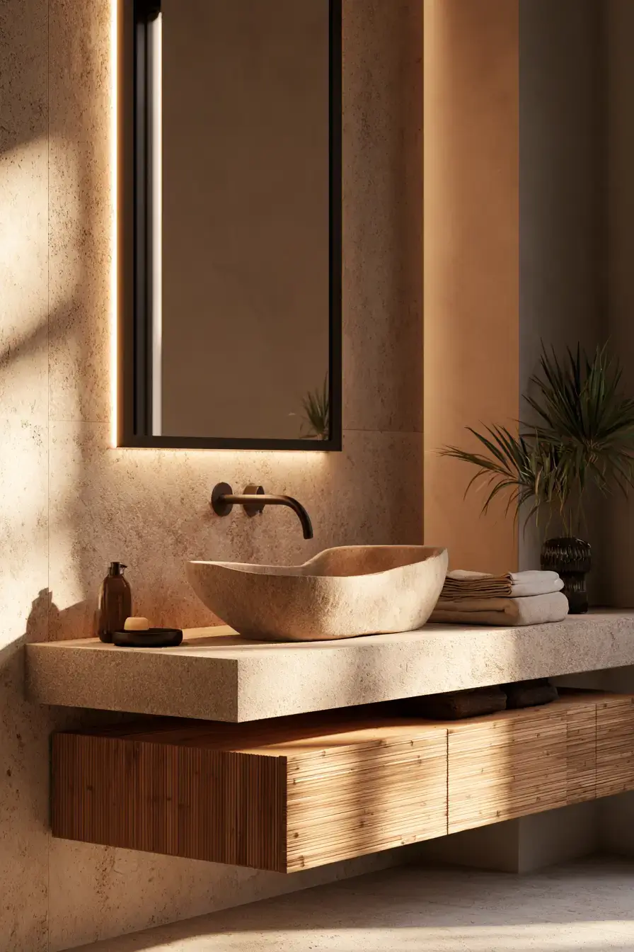 A zen bathroom with a stone vessel sink, bamboo accents, and warm lights