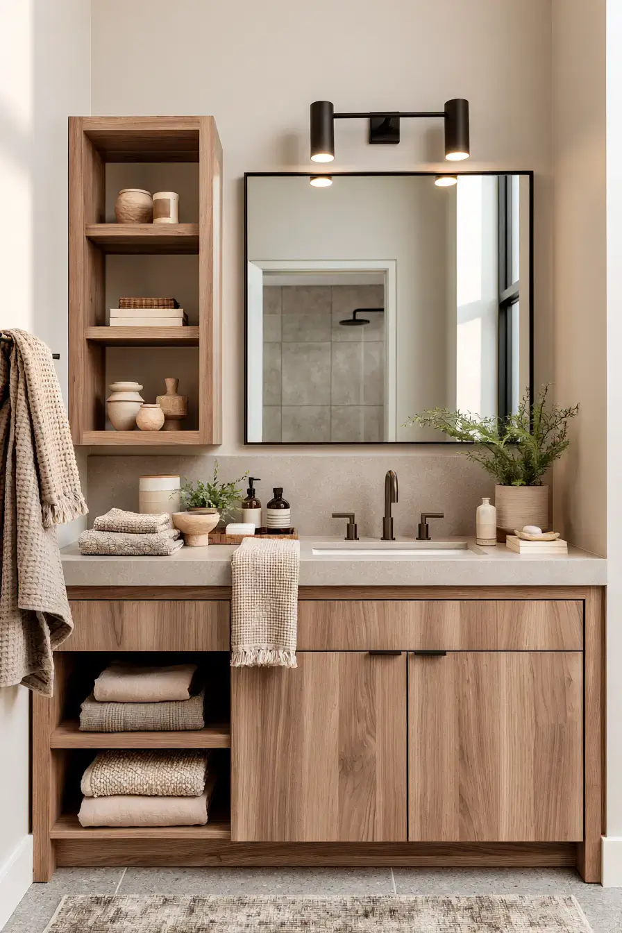 Calm Japandi bathroom with light neutrals, warm wood, linen textiles, and a touch of greenery