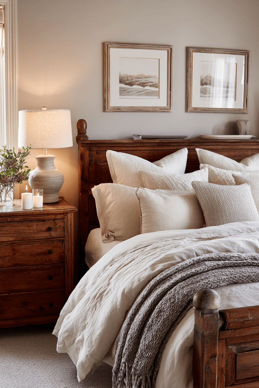 A quietly charming cozy bedroom with vintage touches, wood furniture, and neutral bedding.