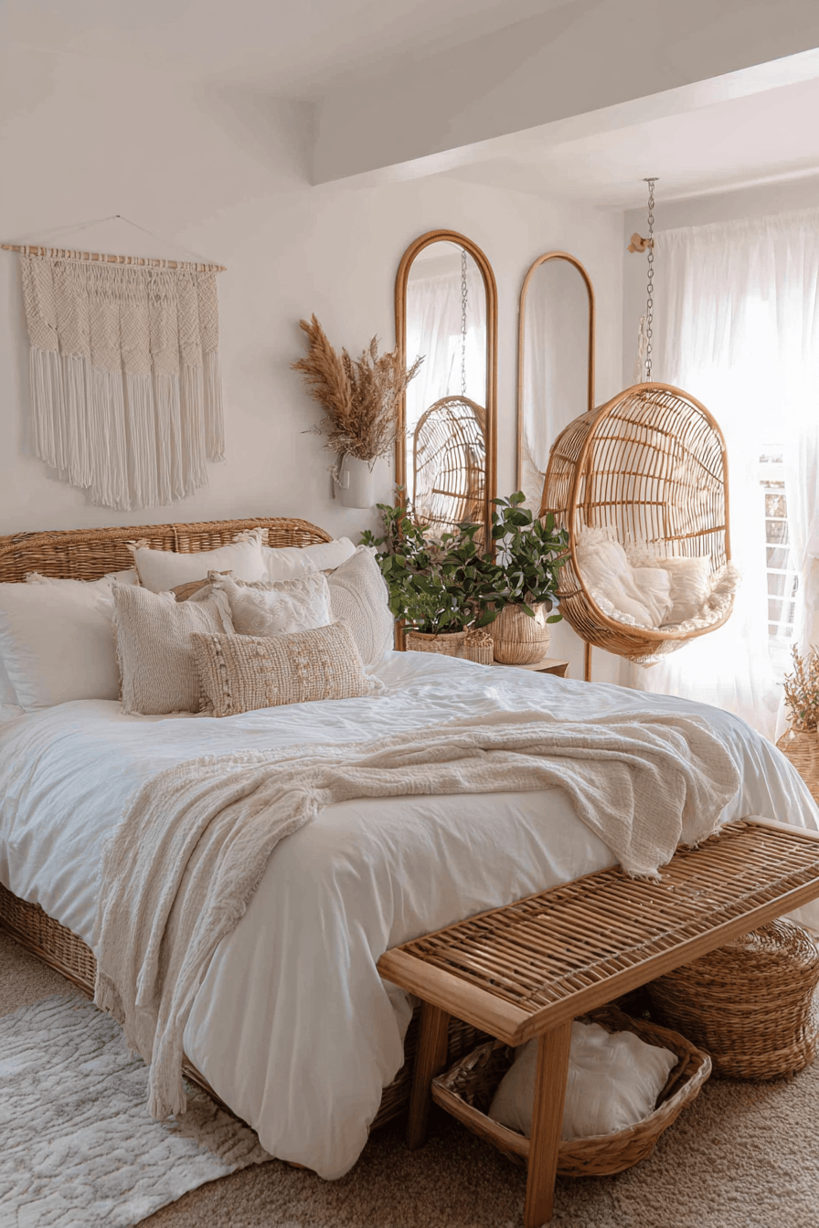 Beachy boho bedroom with a rattan bedframe, woven lighting, soft white bedding, and pale blue accents