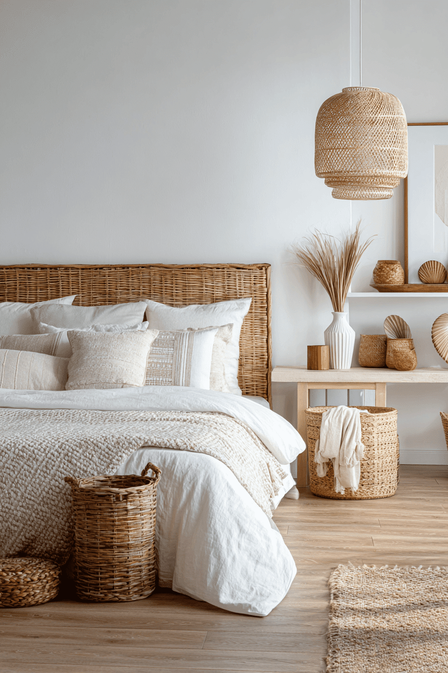A beachy bedroom styled with rattan furniture and crisp linen bedding.