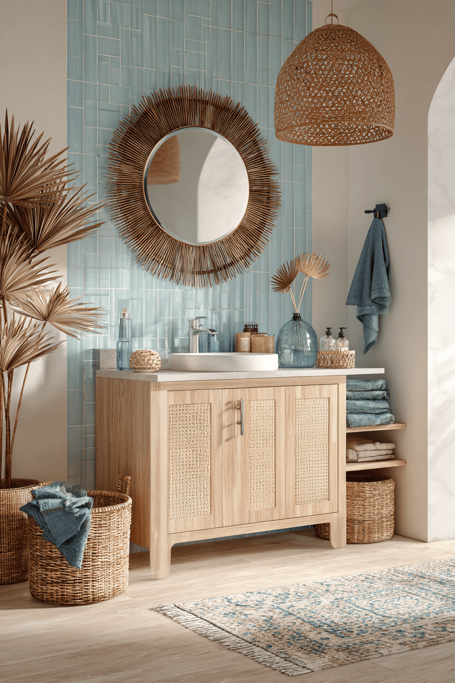Modern coastal bathroom with rattan decor and layered blue textiles