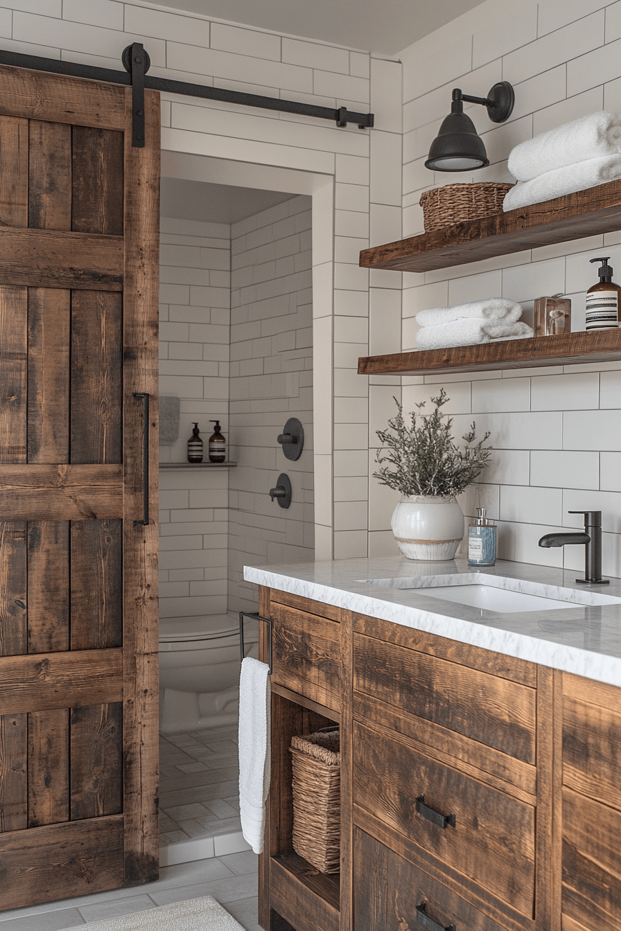 Modern coastal bathroom with reclaimed wood details and white shiplap walls