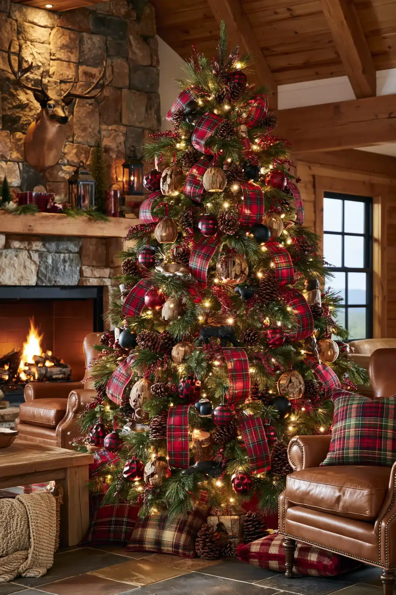 Lodge-style Christmas tree with red plaid ribbon, wooden ornaments, and pinecones