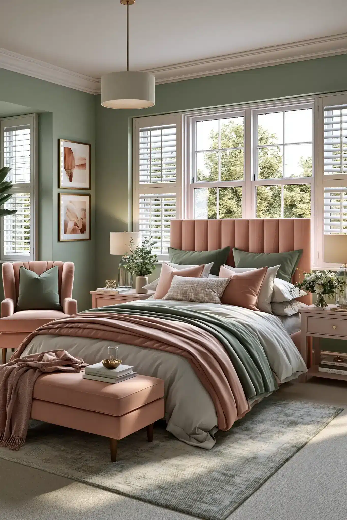 Refined sage green and blush bedroom with cozy textures and elegant decor.