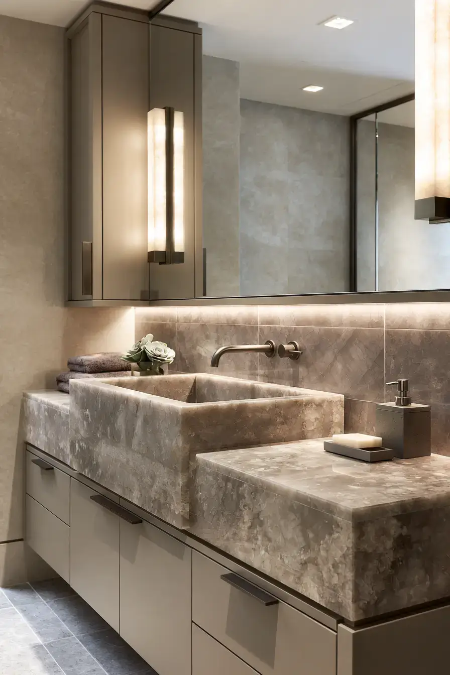 A refined bathroom interior with a subtle mineral-textured stone sink