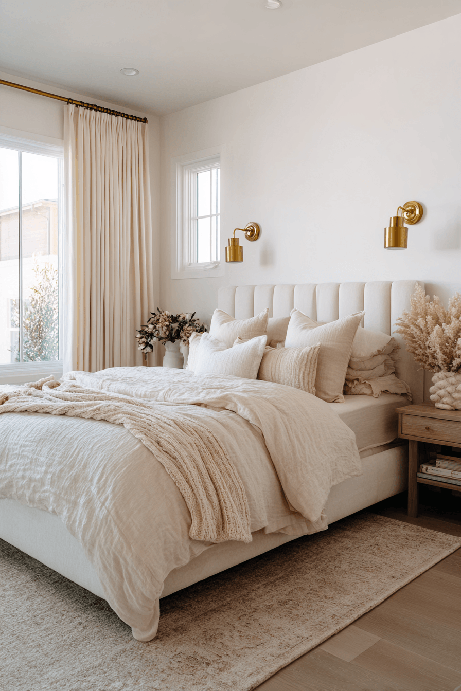 Beachy boho bedroom with textured wallpaper, sculptural lighting, linen bedding, and brass accents