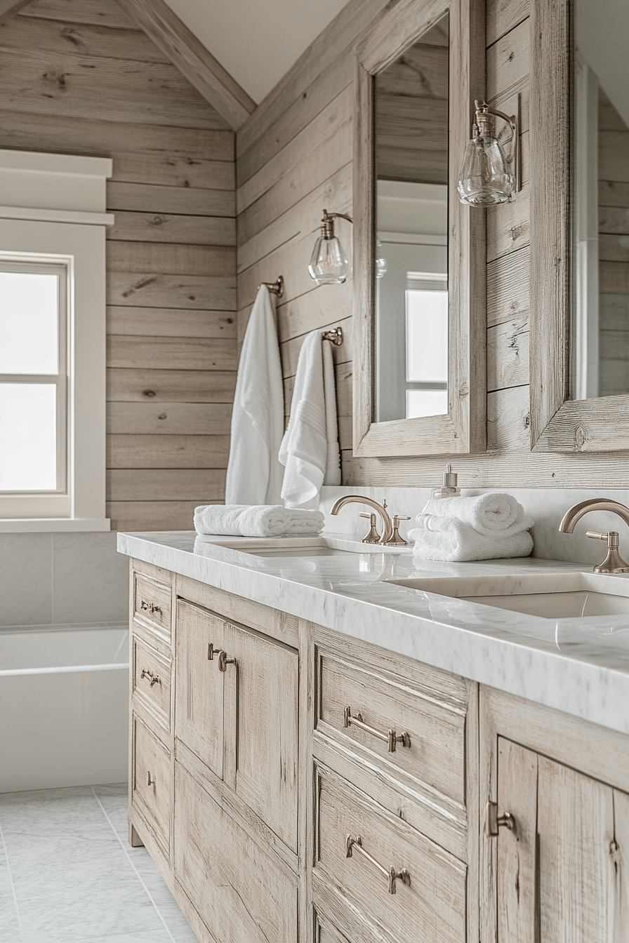 Upscale beachy bathroom with driftwood vanity, stone counters, and elegant fixtures
