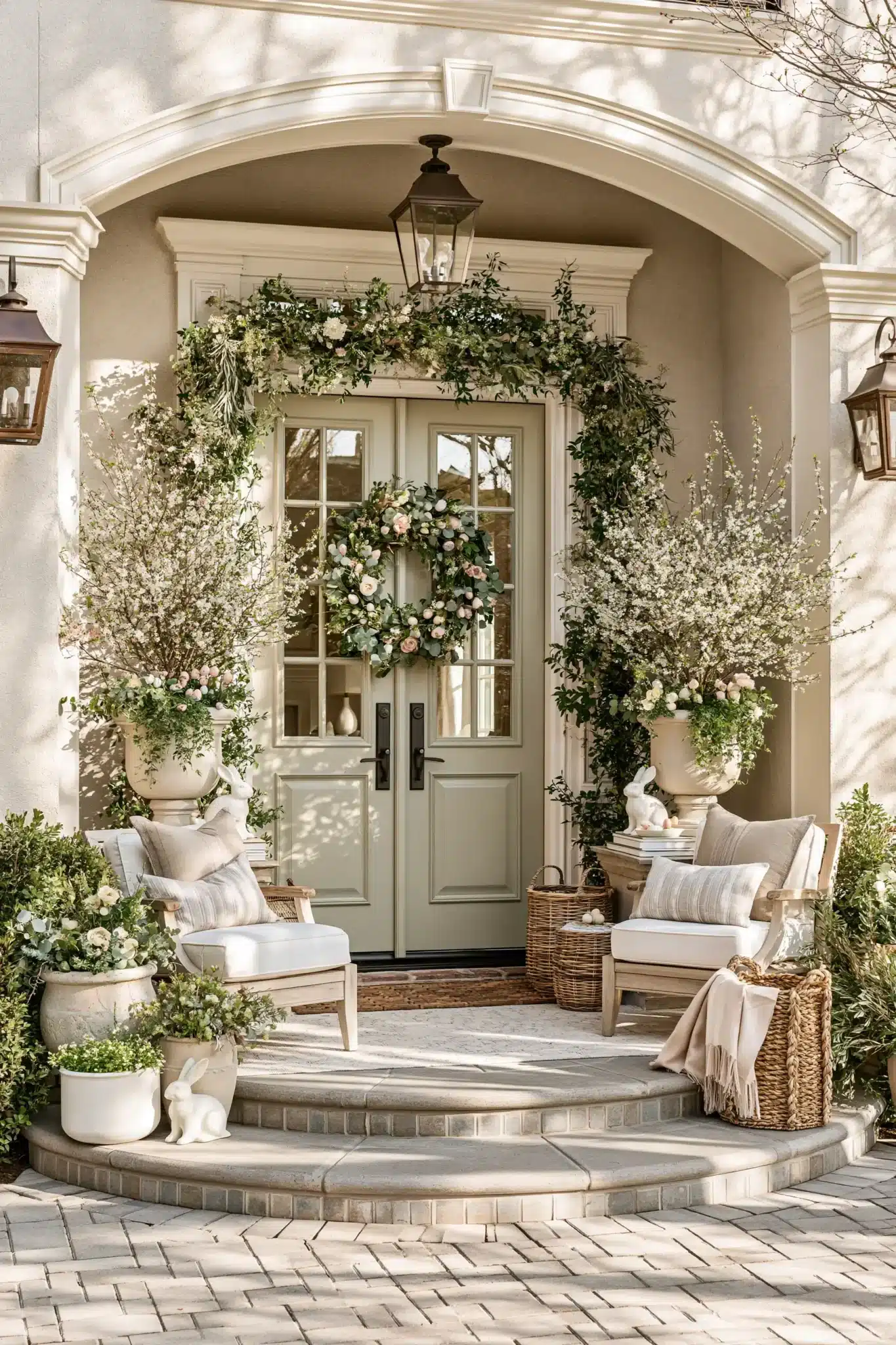 A polished spring porch with subtle Easter decorations, fresh greenery, and soft pastel accents.