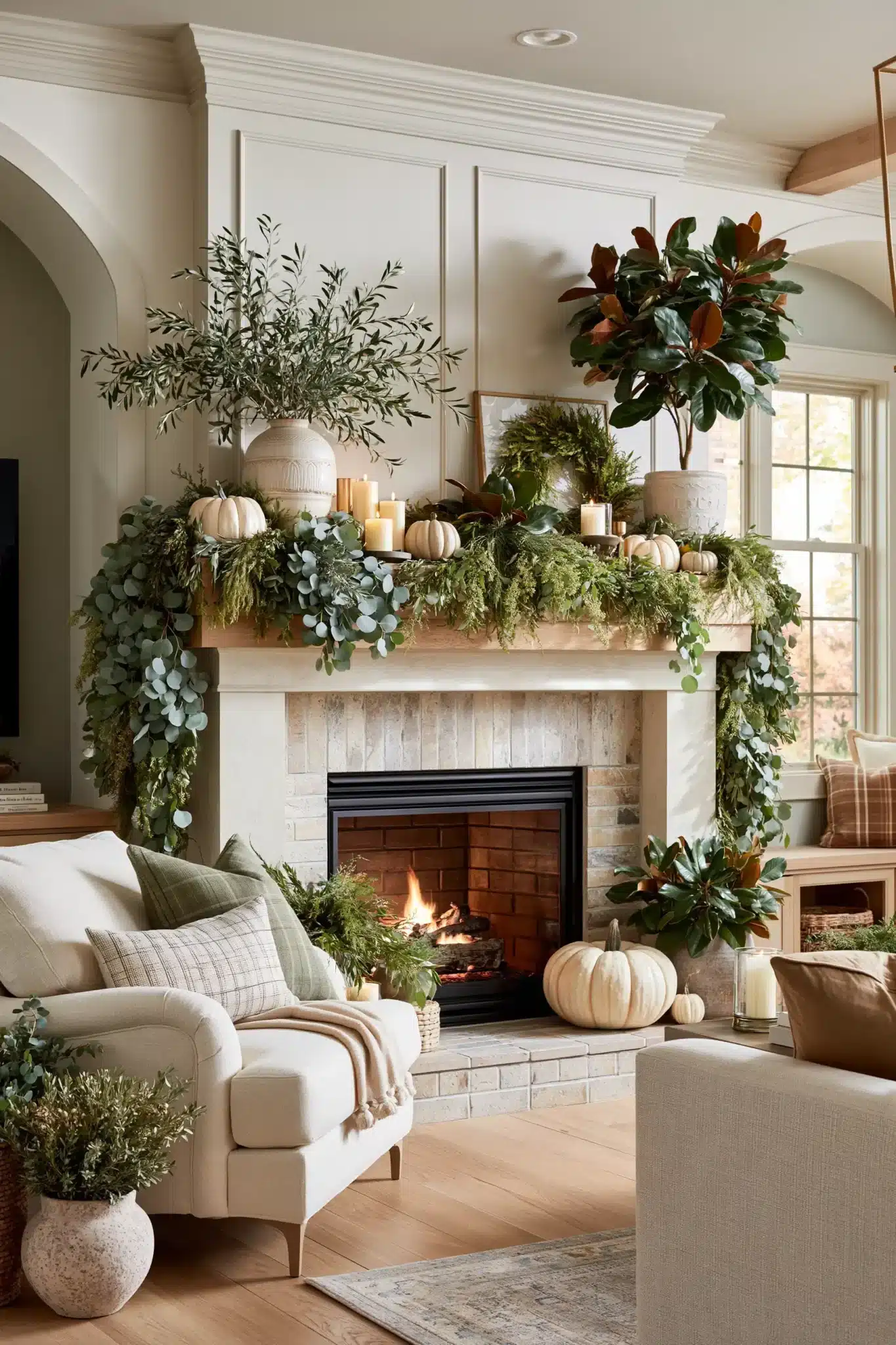 Elegant Thanksgiving mantel with eucalyptus, olive branches, magnolia leaves, and candles.