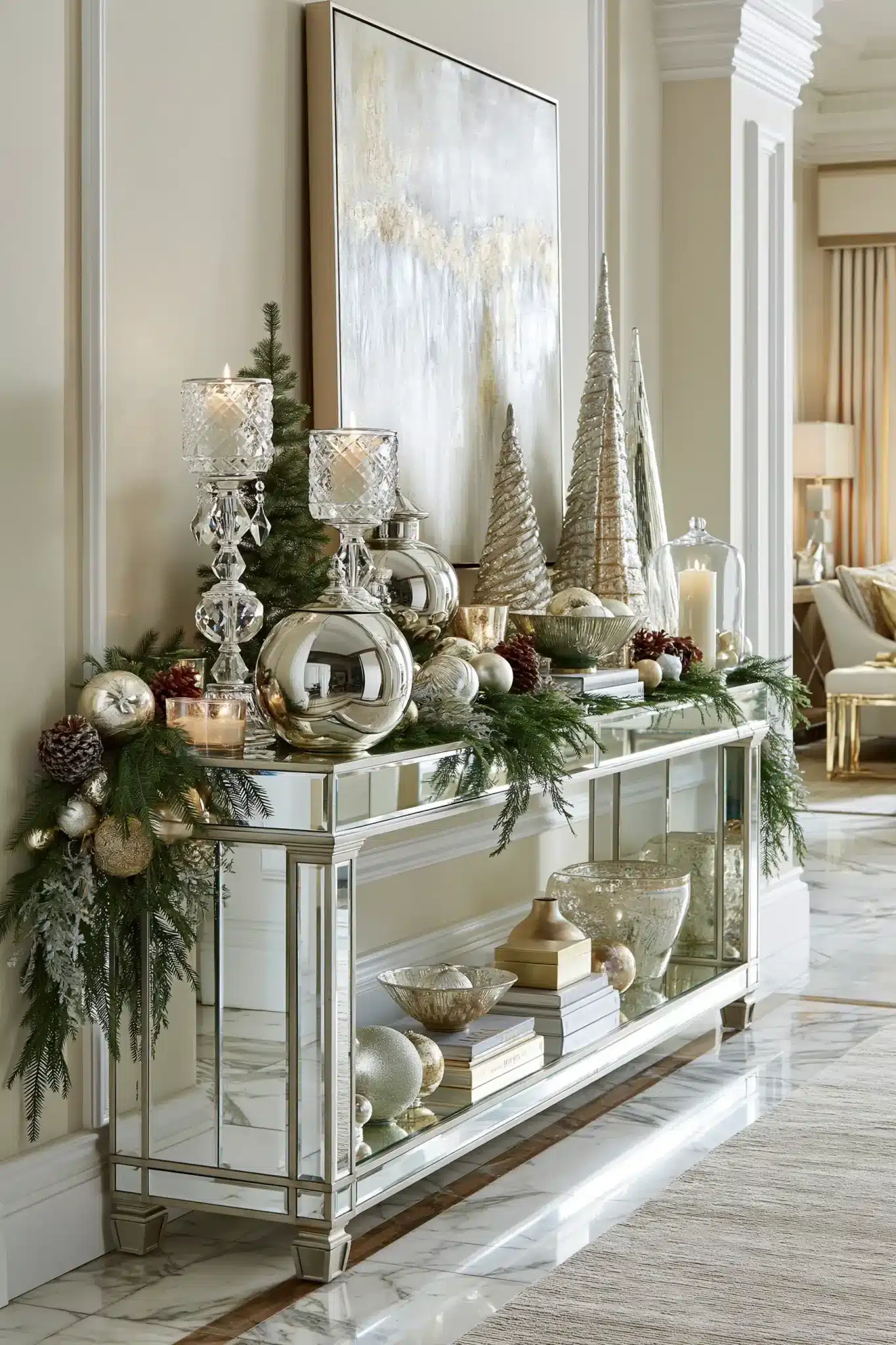 Elegant Christmas entryway console with mirrors, metallic decor, candles, and greenery