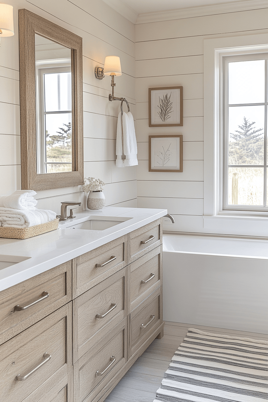 Refined nautical beachy bathroom with stripes, rope texture, white tile, and dark accents