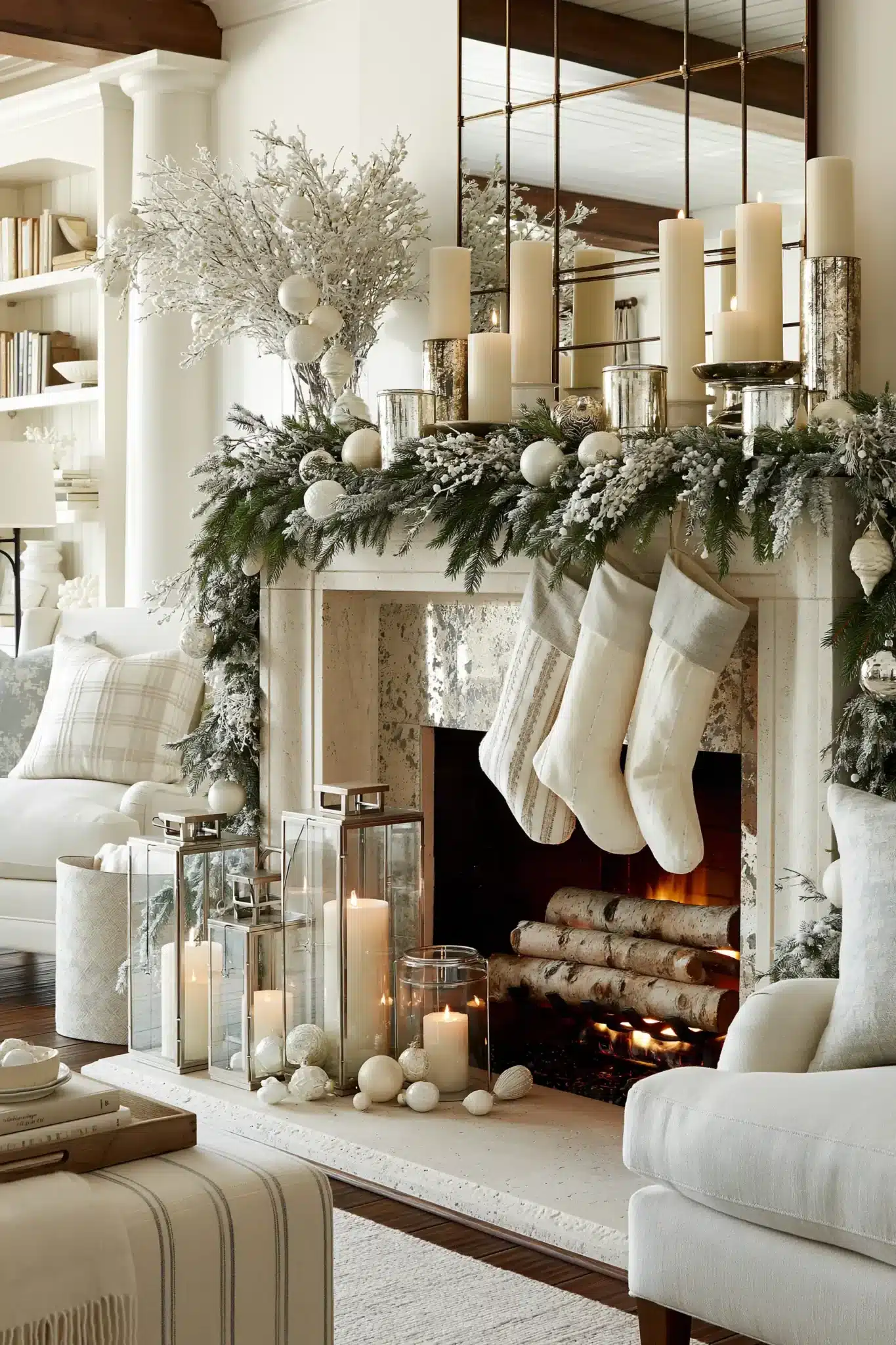 A polished winter fireplace with soft garland, candles, and neutral seasonal decor.
