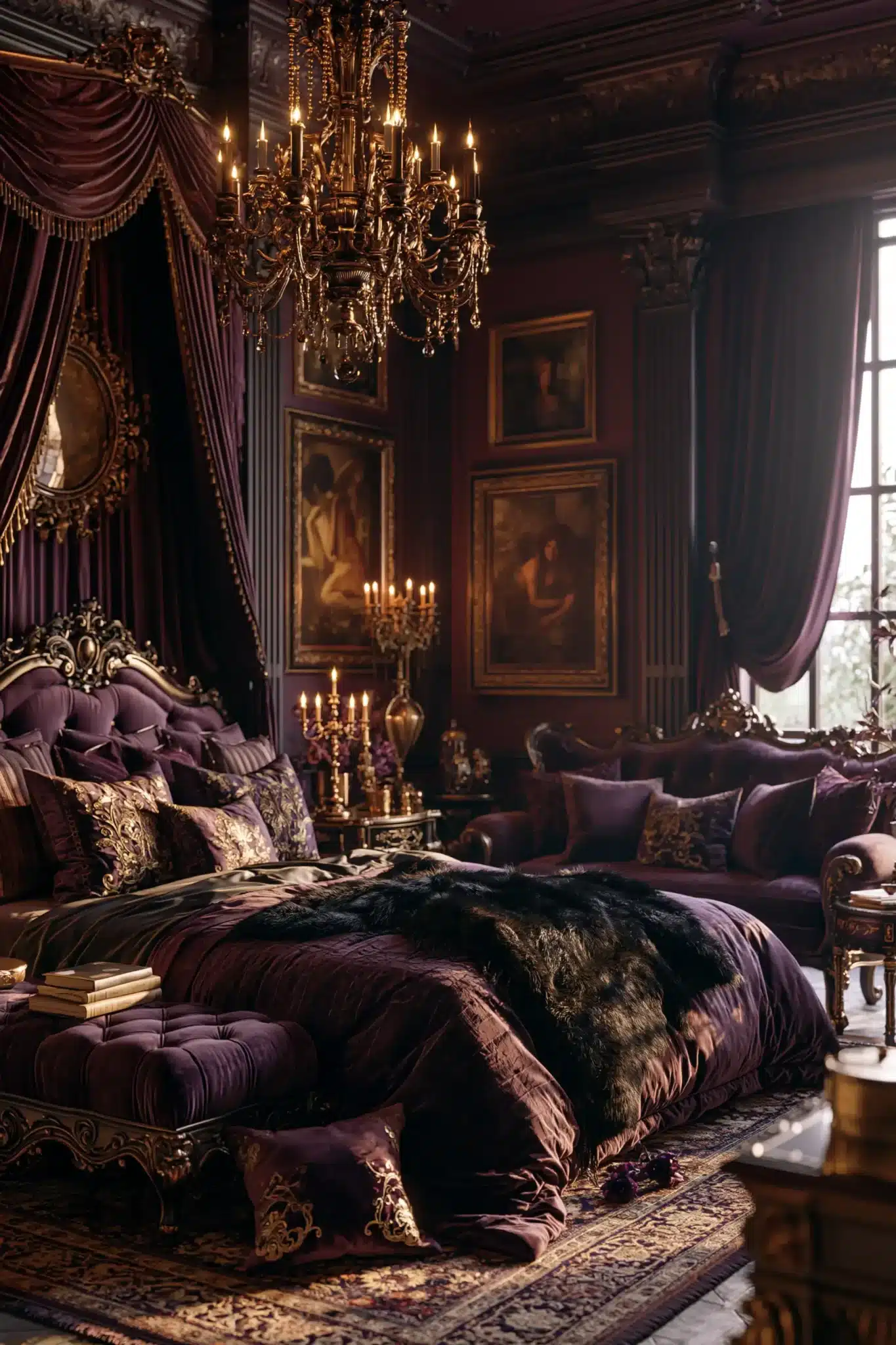 Regal purple gothic bedroom with ornate lighting, rich textiles, and statement furniture.