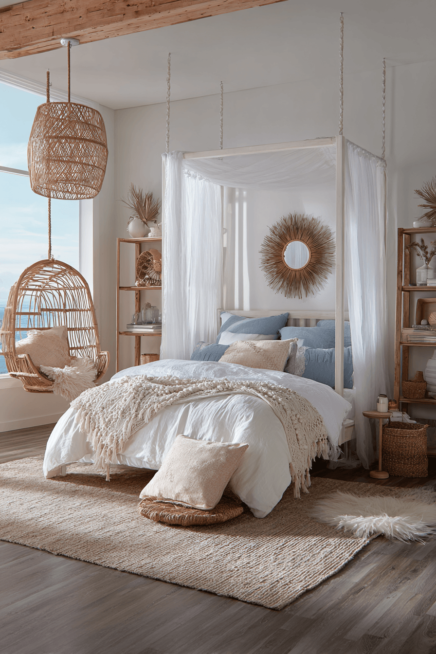 Boho coastal bedroom with woven textures, macramé decor, and beachy accents