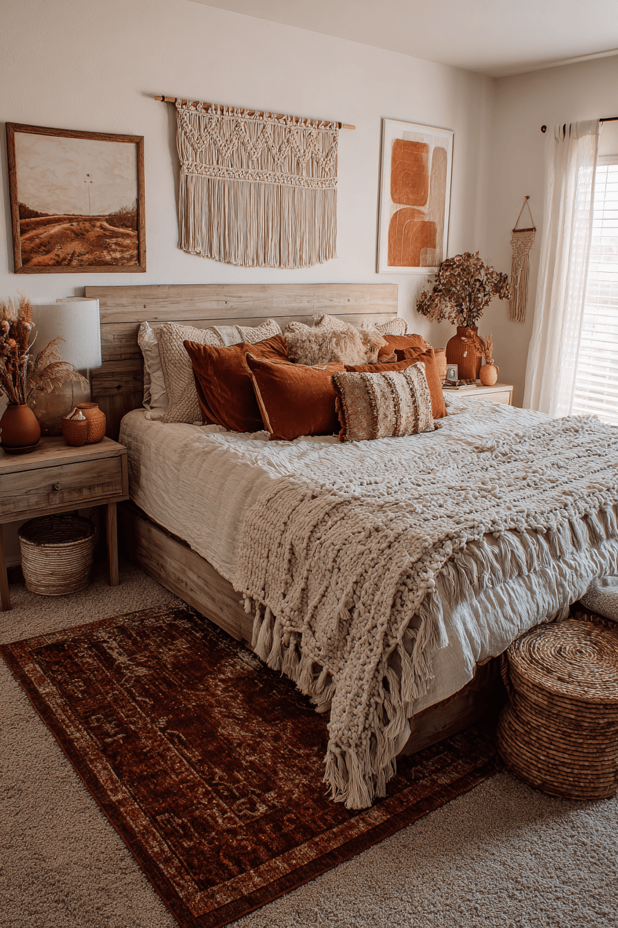 A boho cozy bedroom with woven textiles, vintage accents, and warm lighting.