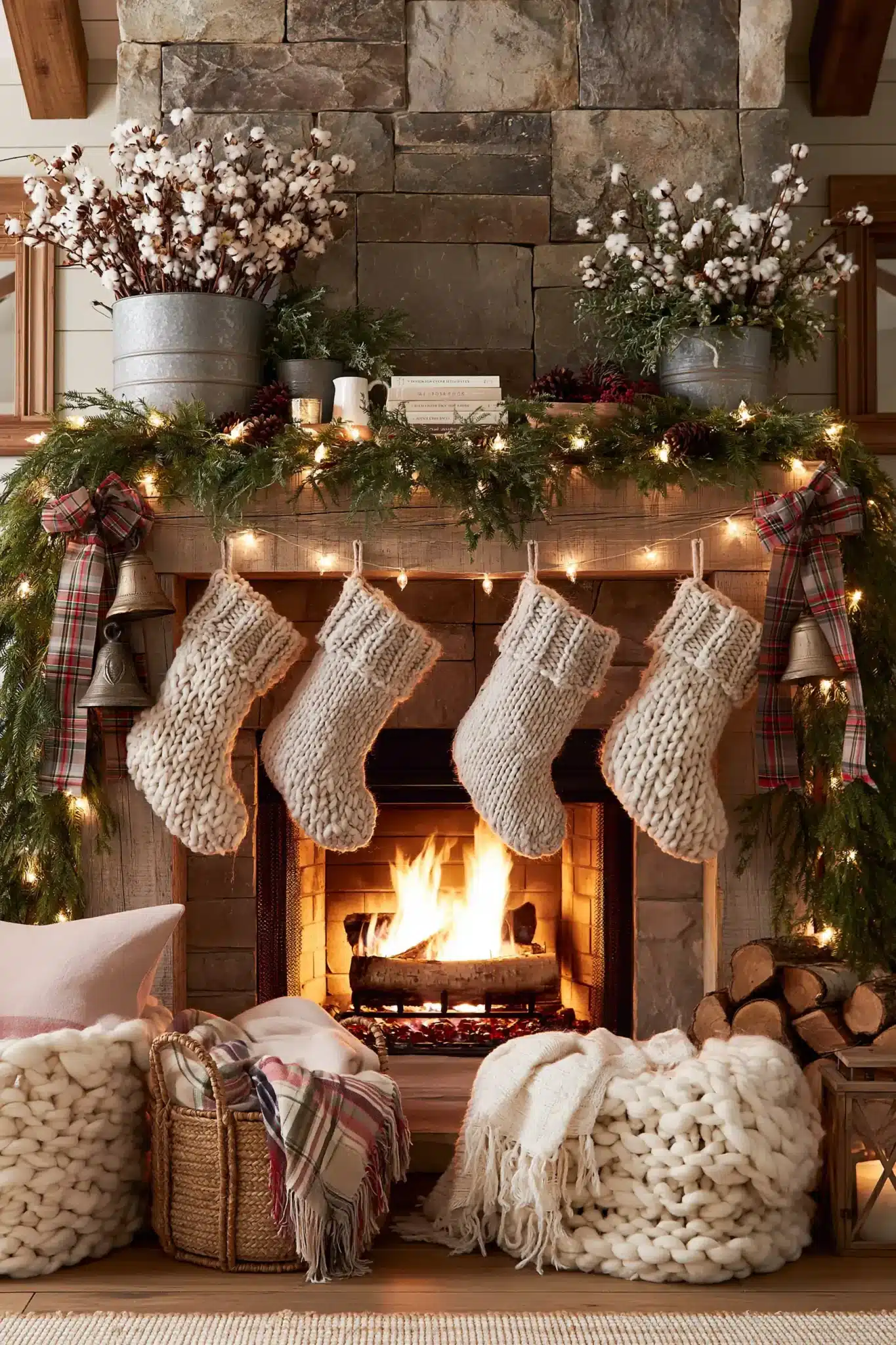A farmhouse-style Christmas fireplace with rustic decor, greenery, and cozy accents.