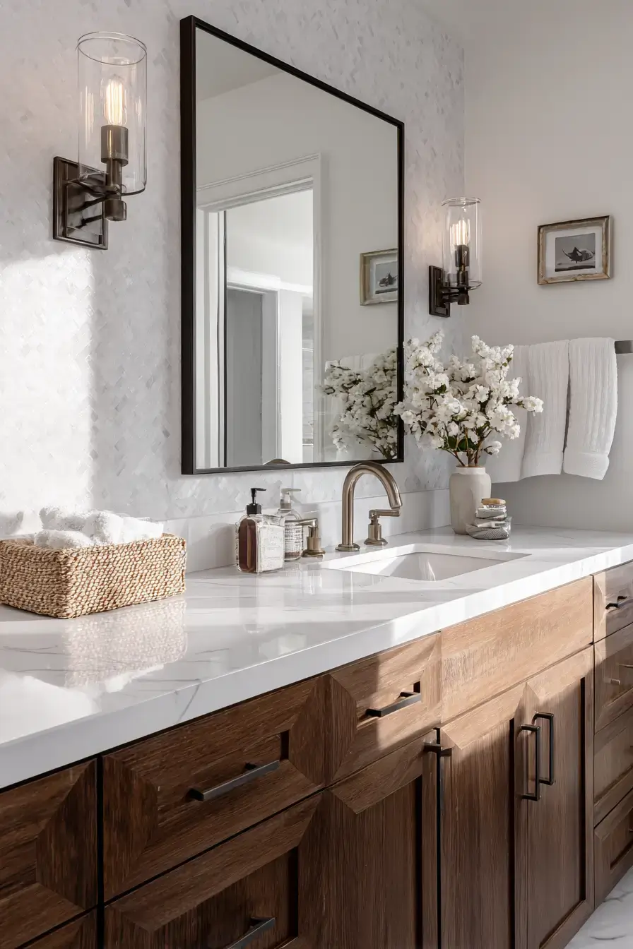 Bathroom mirror makeover with a larger mirror and updated lighting