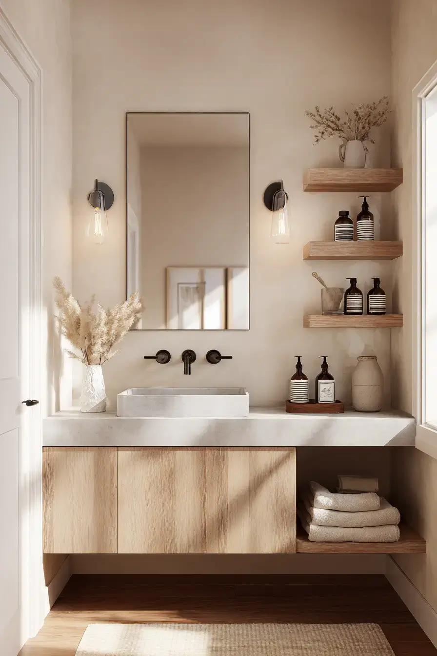 Minimal bathroom with clean lines, soft colors, and organized storage