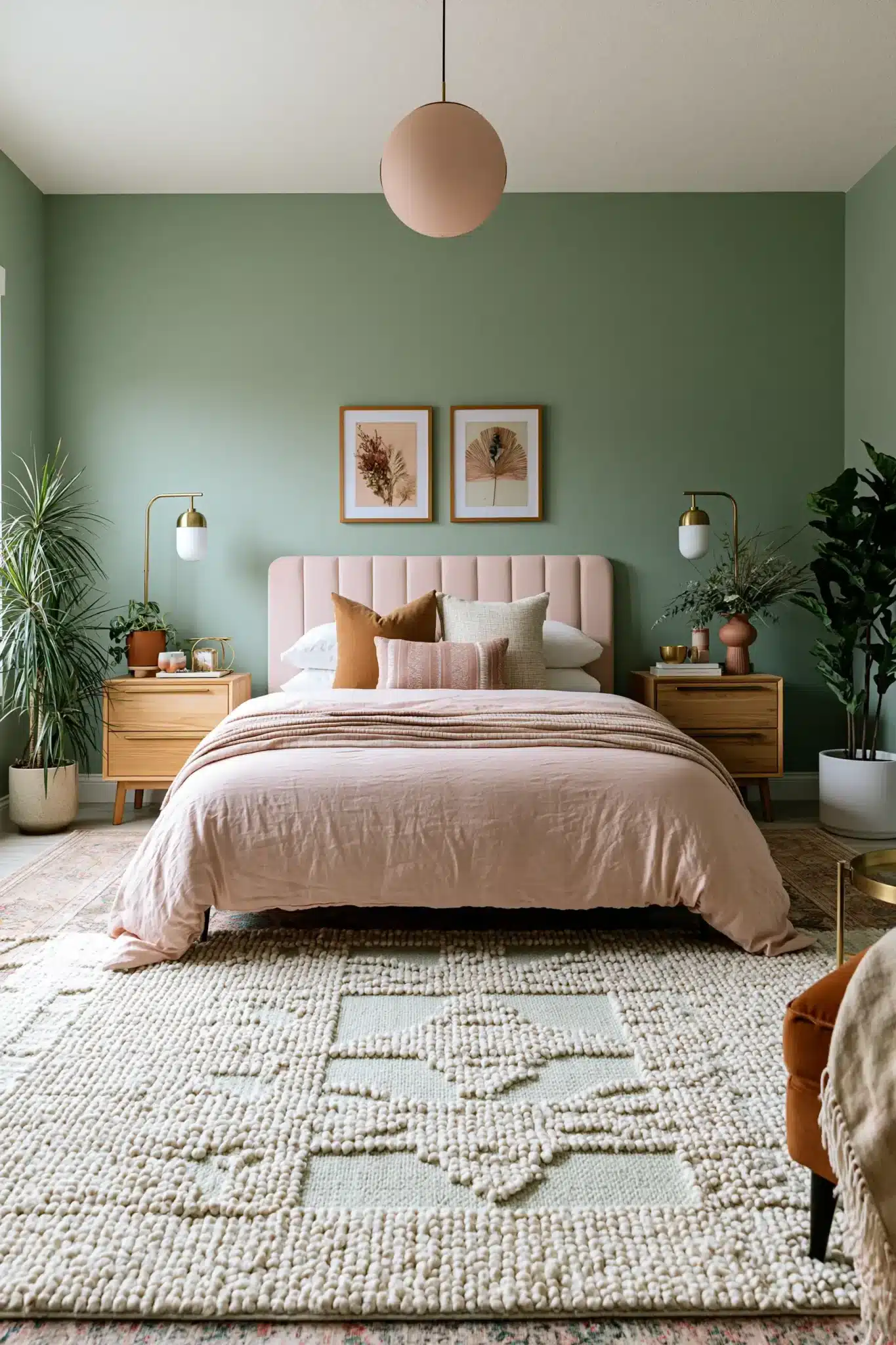 Serene sage green and blush bedroom with blush bedding, green walls, and neutral furniture.