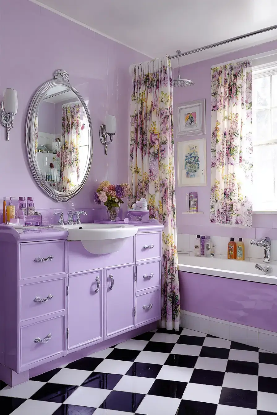 A vintage-style bathroom with purple fixtures, brass lighting, and patterned tile