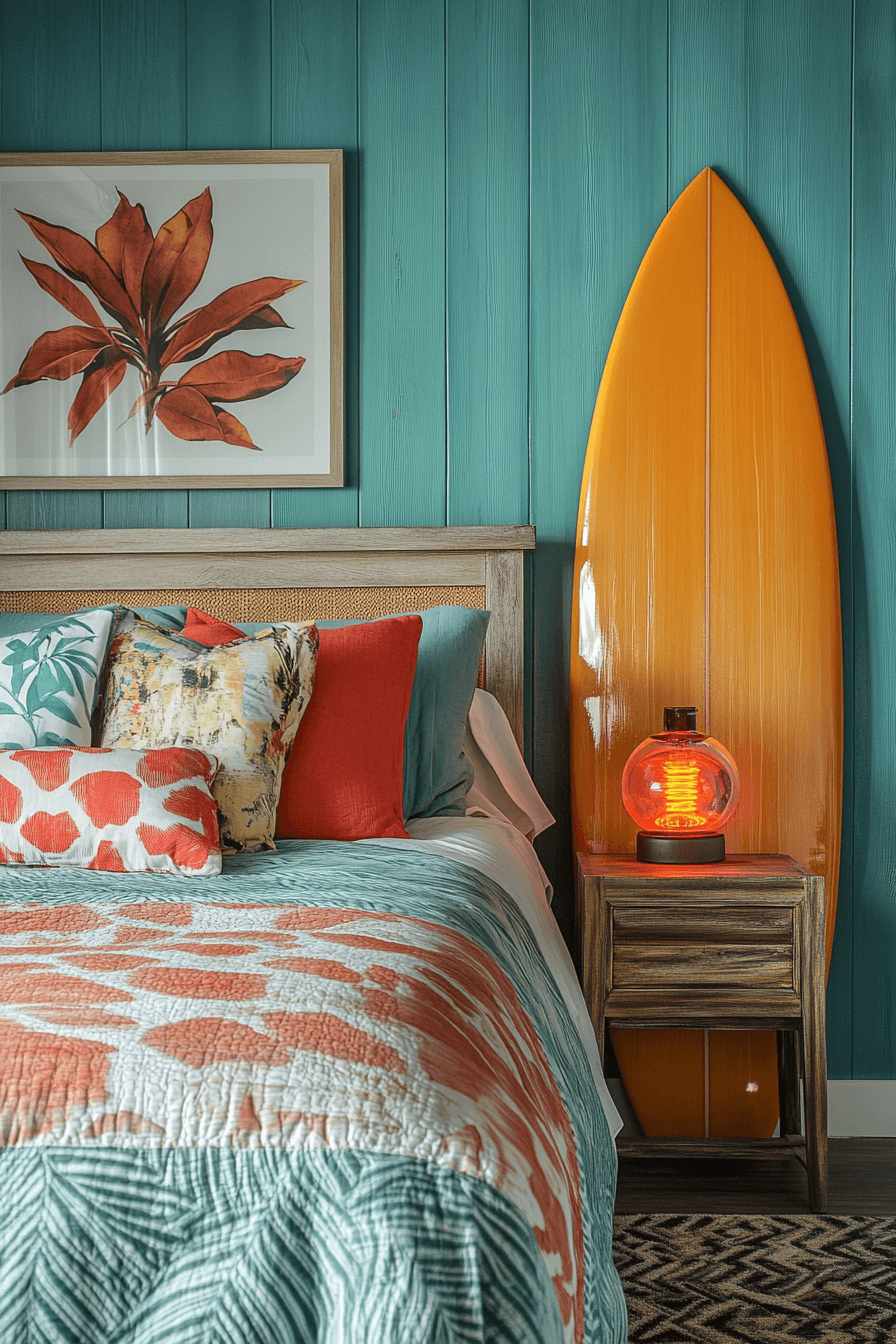Retro surf-inspired beach bedroom with colorful stripes, vintage accents, and teal walls