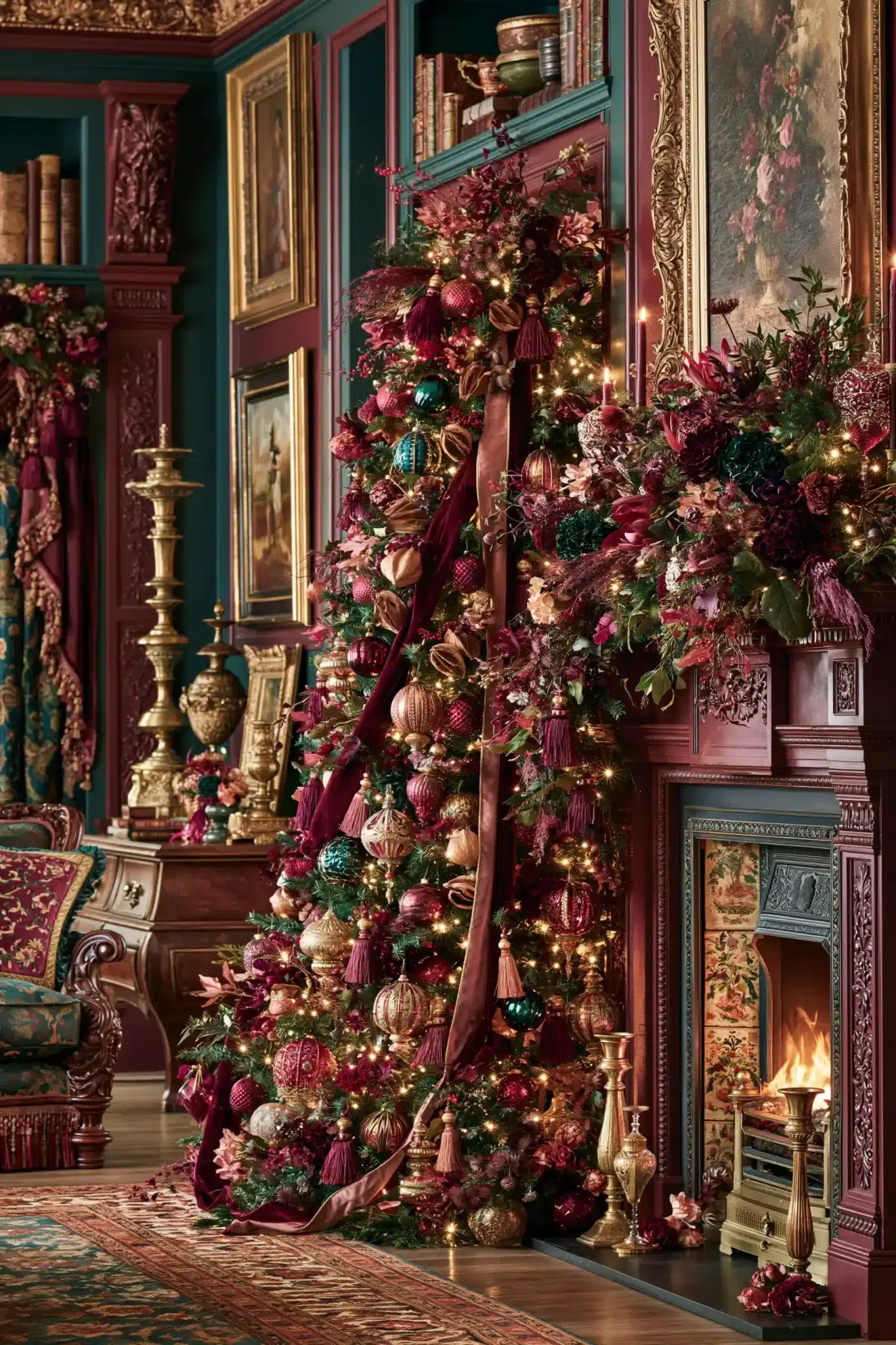Victorian-style Christmas decor with jewel tones, velvet ribbon, and ornate ornaments.