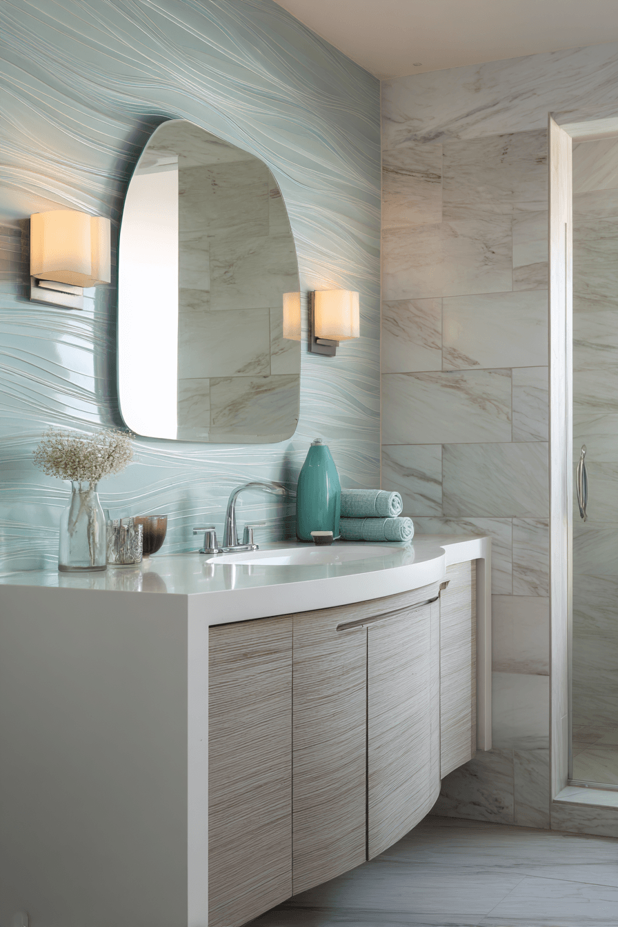 Beachy bathroom with rounded mirror, wave-pattern tile, and muted blue tones