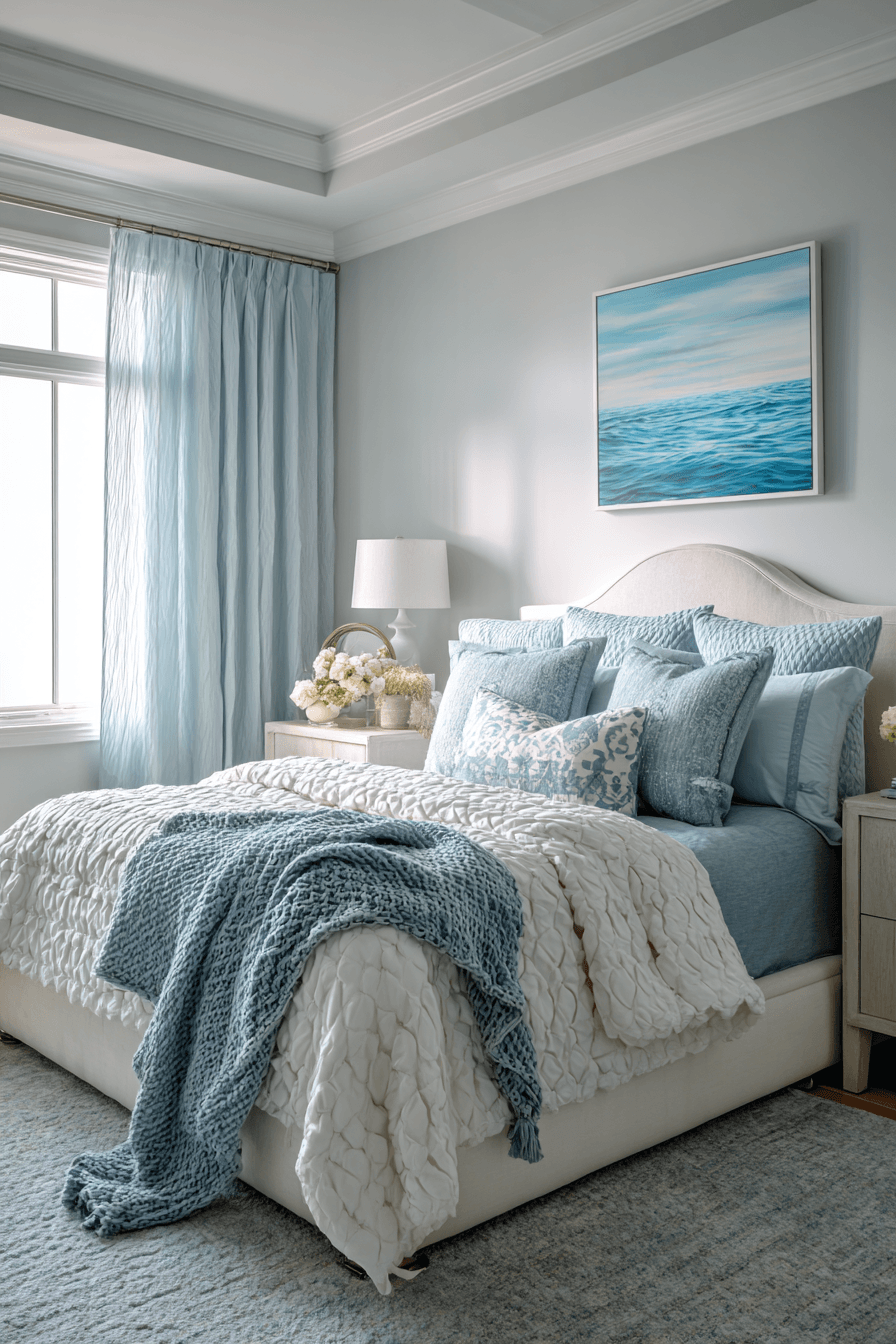 Textured coastal bedroom with rippled fabrics quilted bedding and wavy decor elements