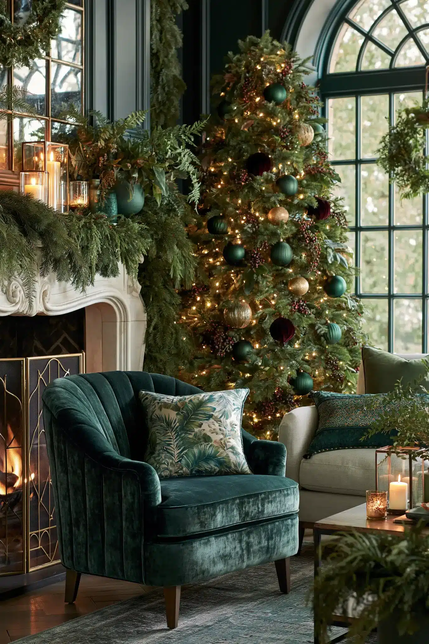 Romantic moody Christmas decor built around deep forest green, burgundy velvet, and candlelight.