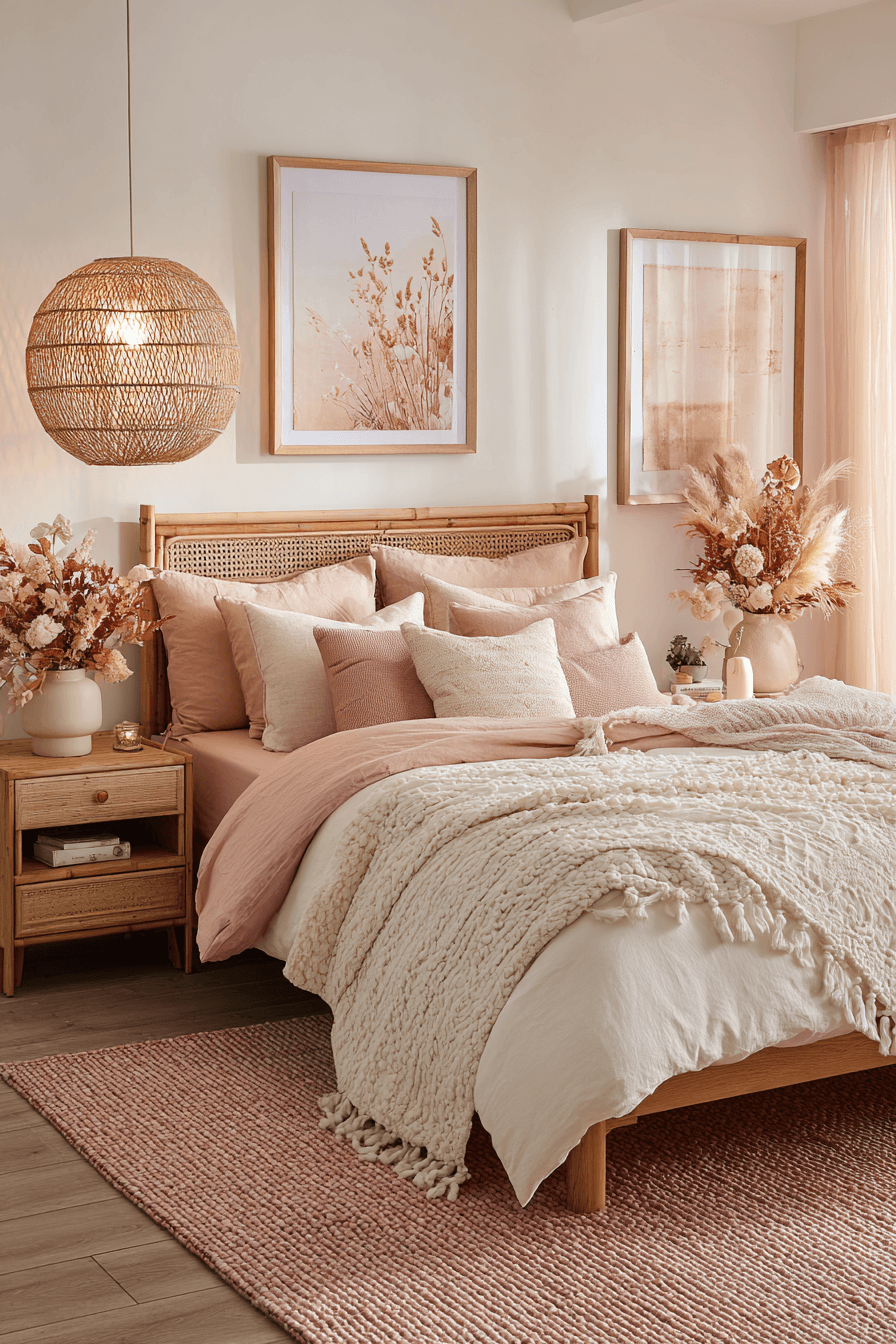 Beachy boho bedroom with blush accents, rattan furnishings, whitewashed wood, and linen drapes