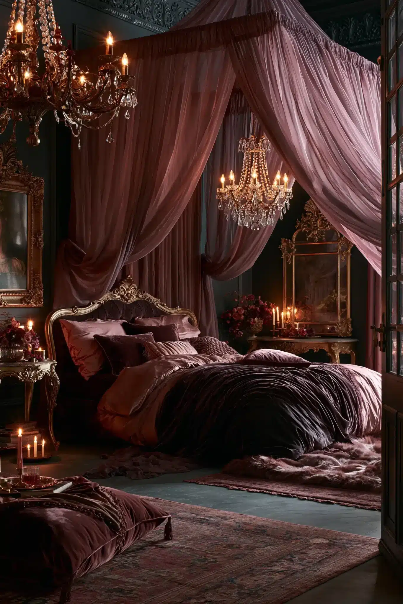 A romantic gothic bedroom with blush accents, velvet bedding, and soft drapery