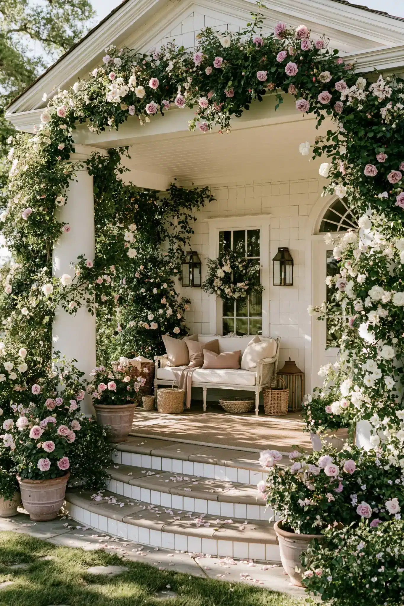 A romantic spring porch with rose blooms, vintage-style seating, and gentle floral colors.