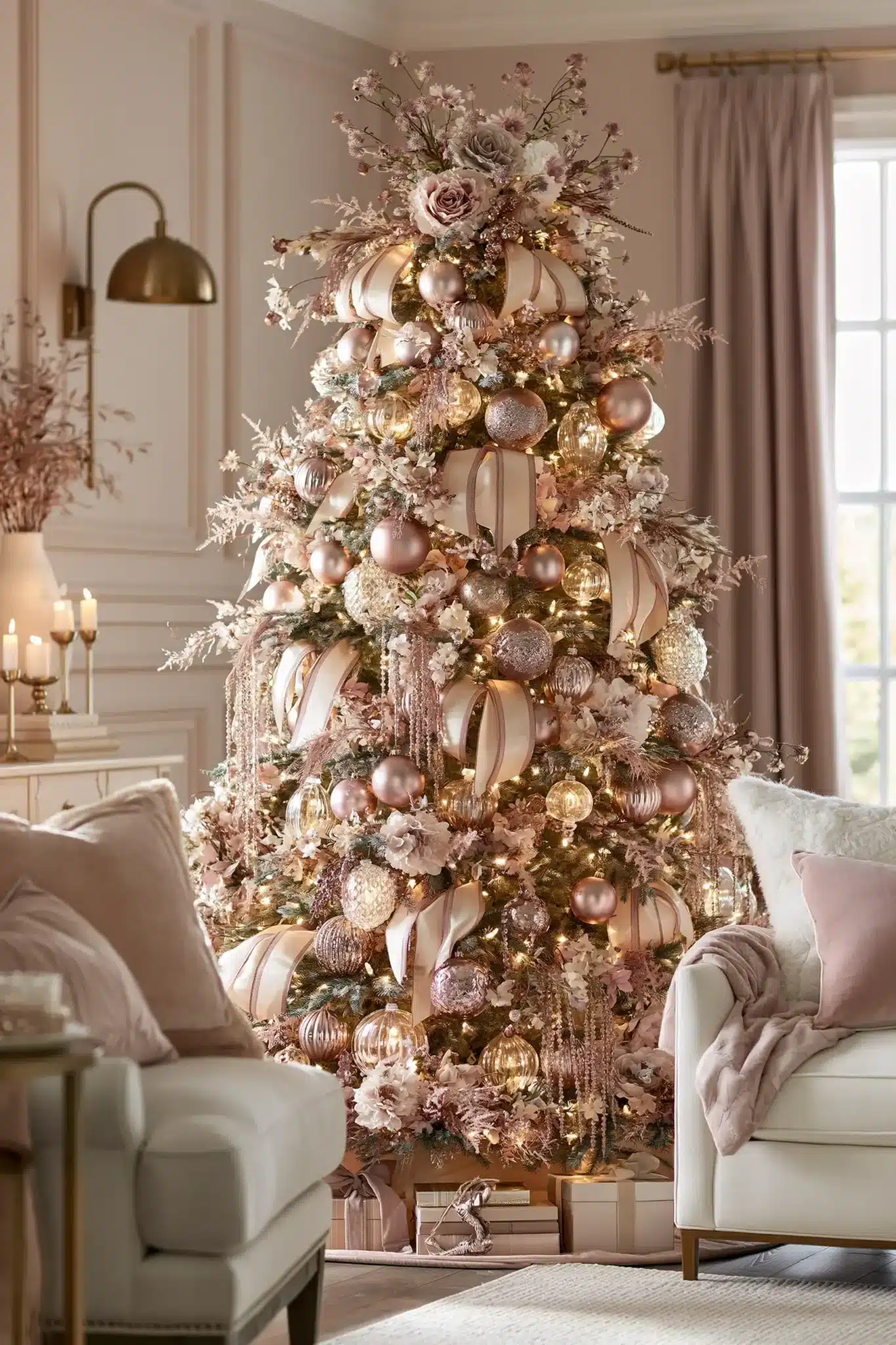 Rose gold Christmas tree with blush metallic ornaments and champagne ribbon