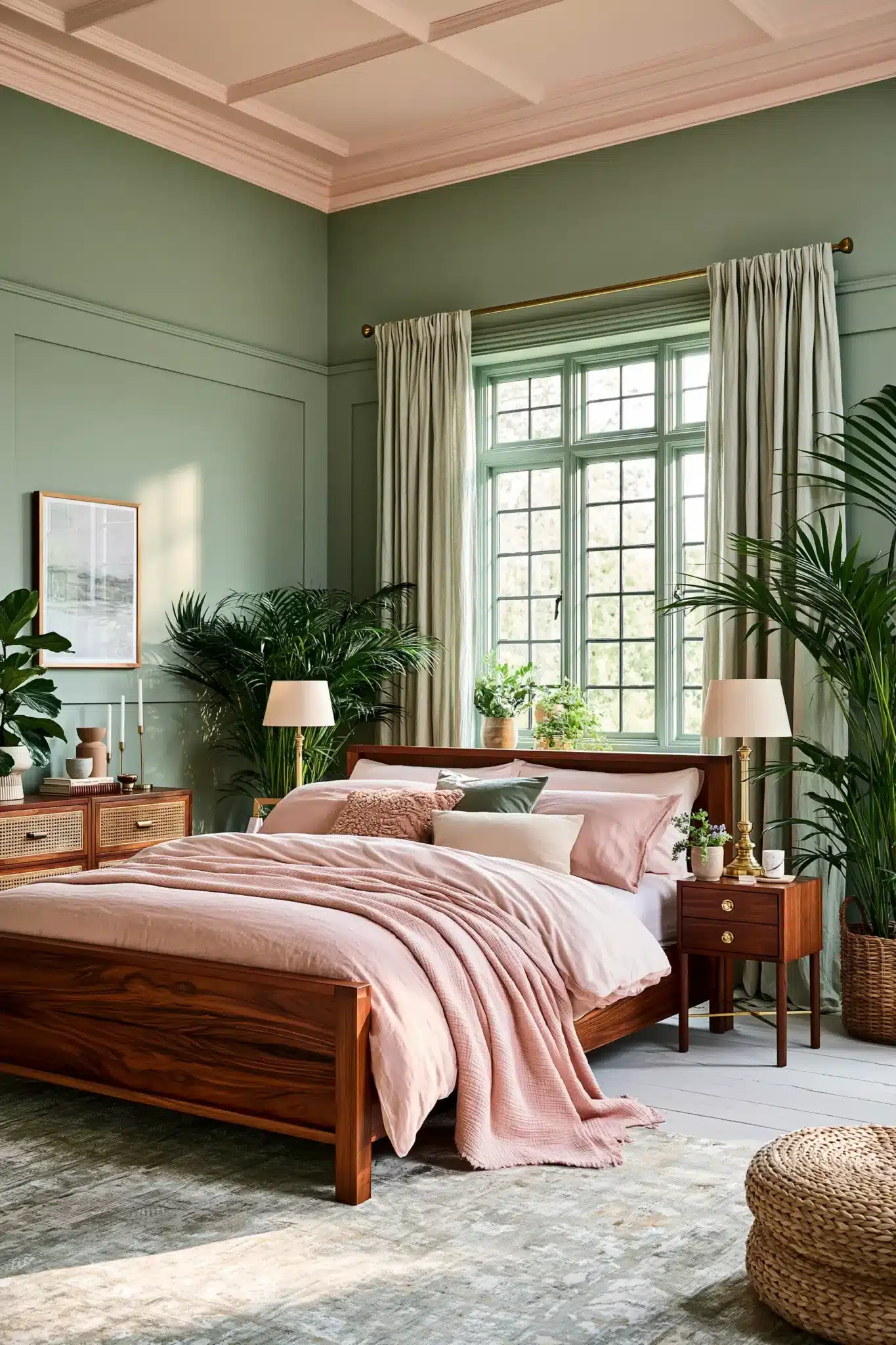 Sage green and blush bedroom with rosewood accents, plush textiles, and soft lighting.
