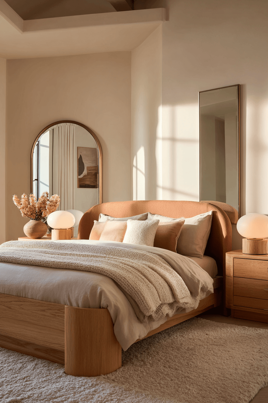 A warm bedroom styled with rounded furniture, a curved headboard, and soft lighting