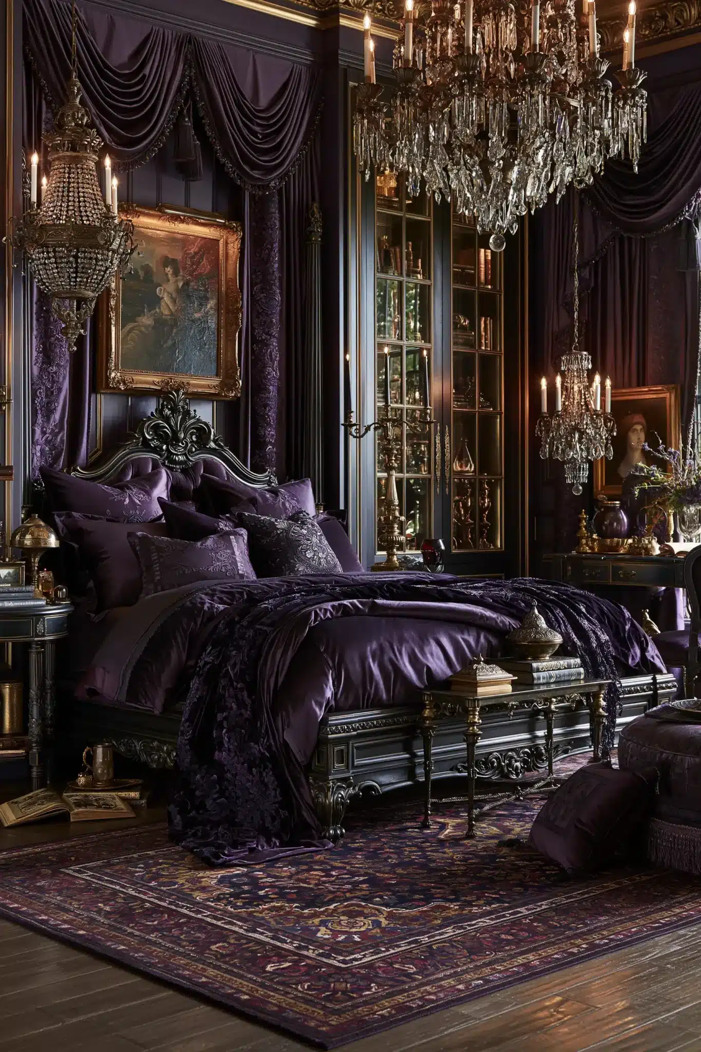 Royal purple gothic bedroom with ornate furnishings, deep textiles, and elegant lighting.