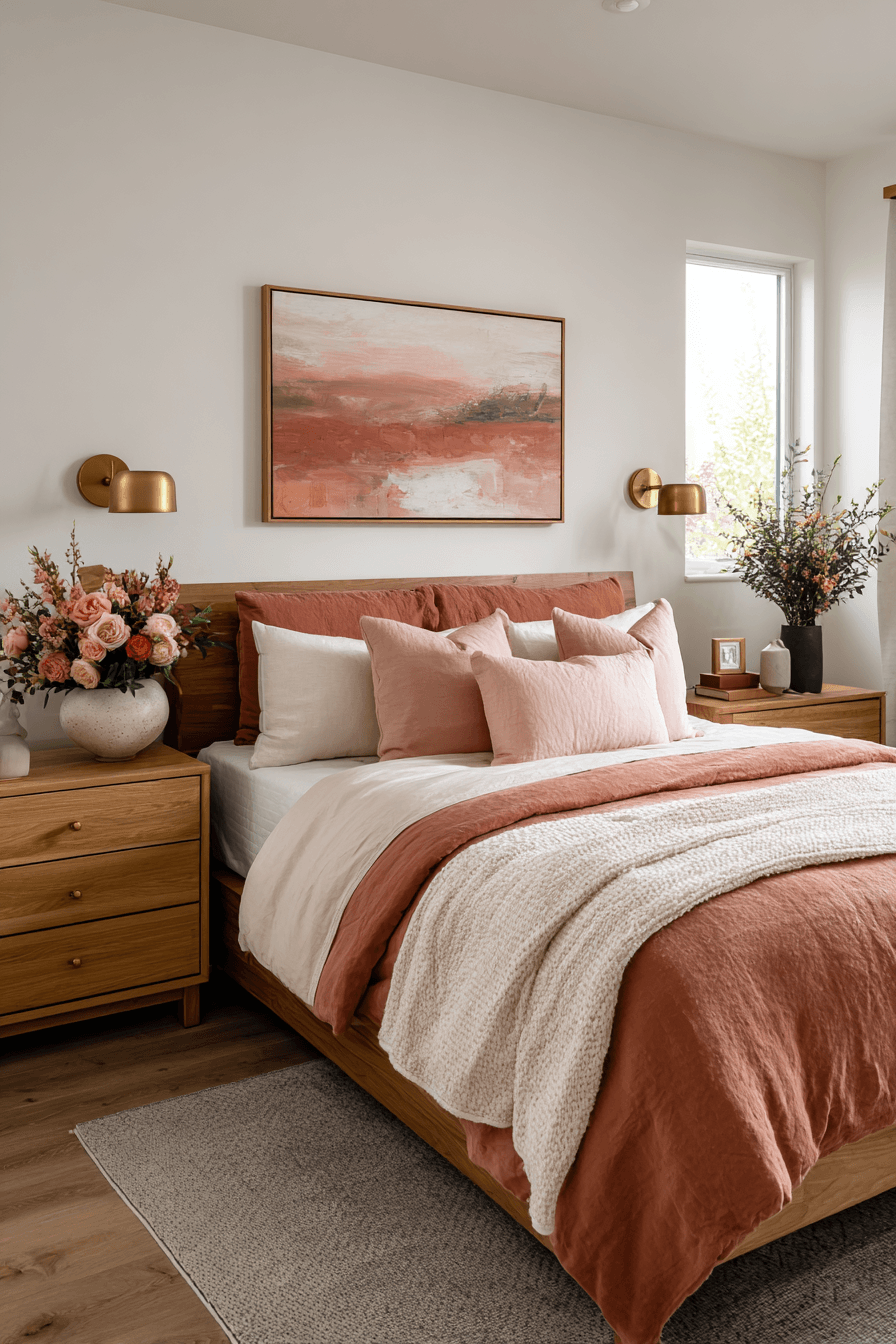 A cozy bedroom with rust and rose accents, warm beige walls, and brass lighting.