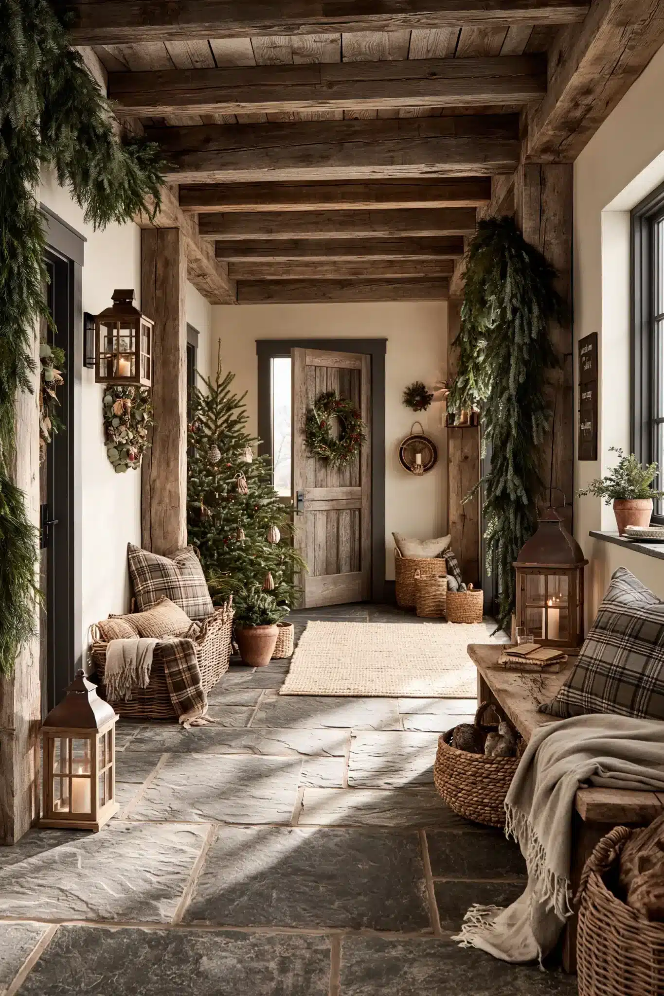 Rustic hallway with cabin-style Christmas decor, plaid accents, and lanterns