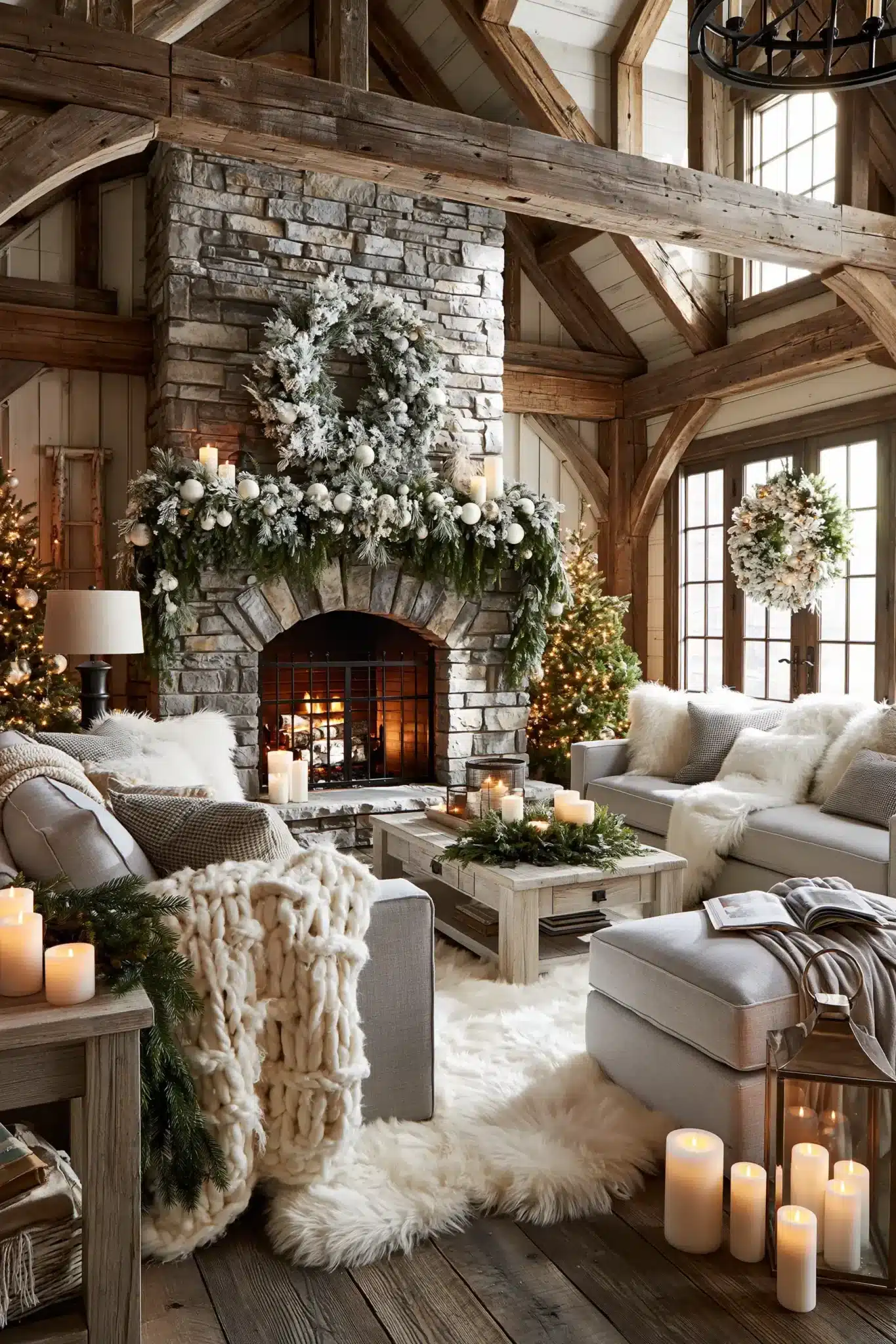 Cozy alpine holiday room with white Christmas decor, rustic wood, fireplace glow, and knit textures