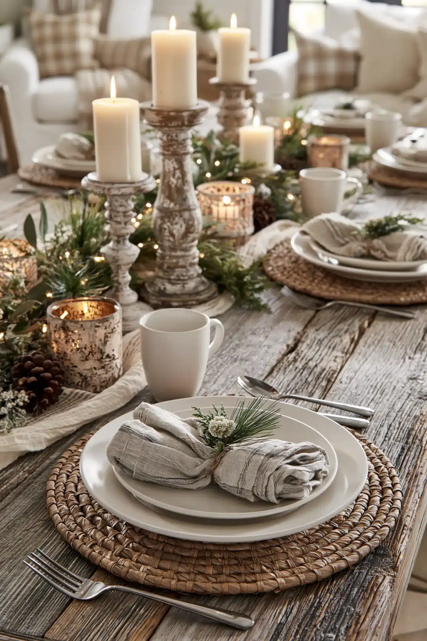 A rustic Christmas table with wood textures, linen napkins, and natural greenery