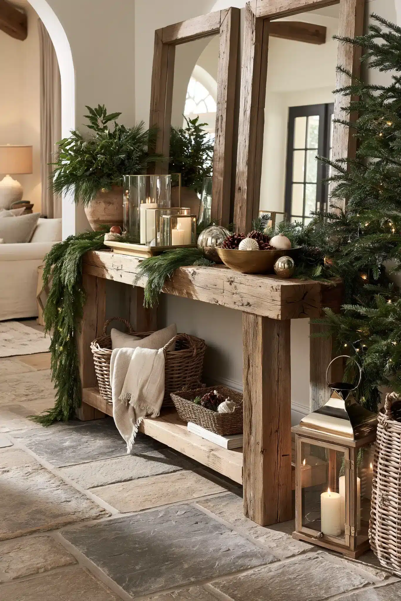 Rustic elegant Christmas entryway table with wood textures, metallic accents, candles, and greenery