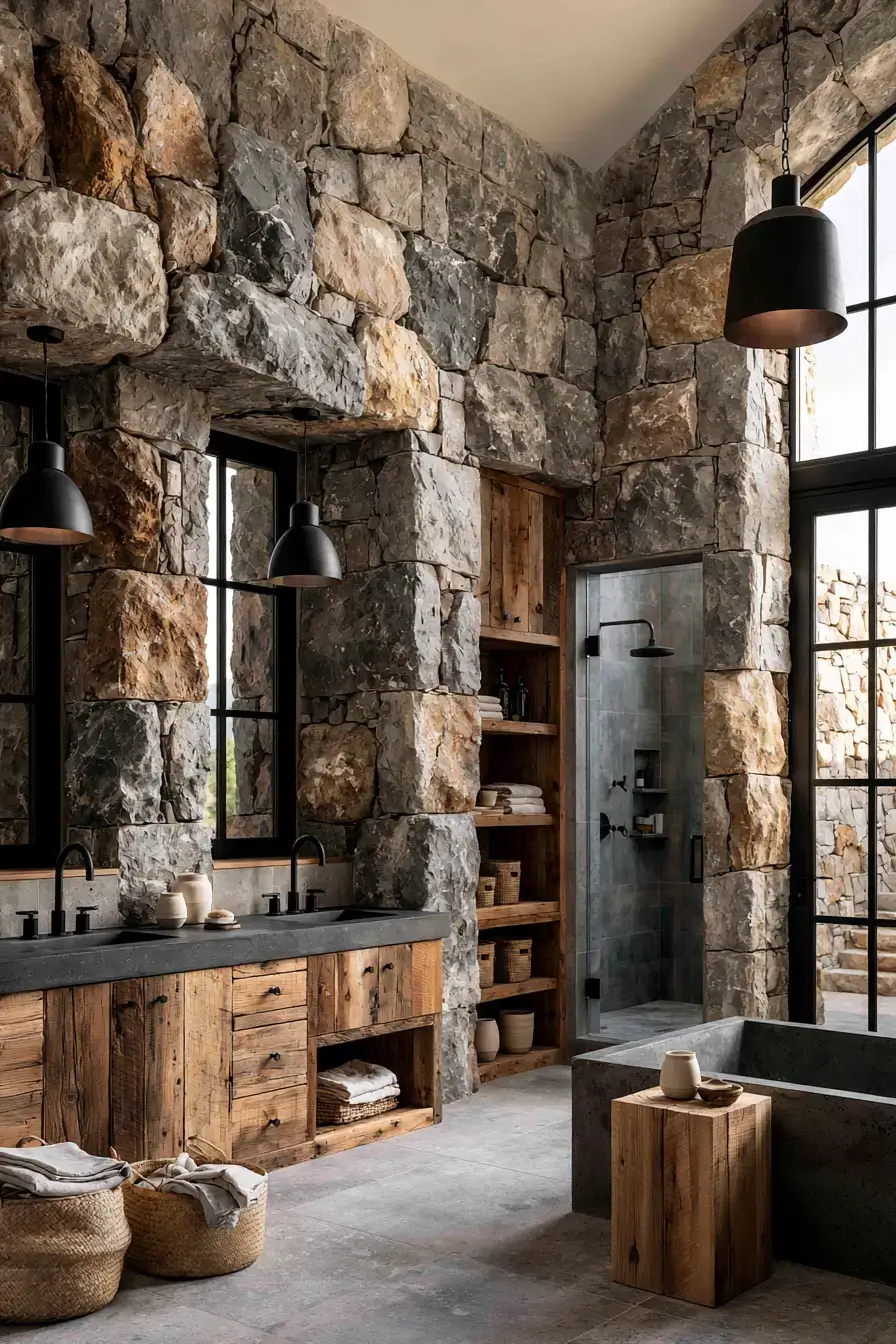 Rustic stone bathroom with reclaimed wood and warm lighting