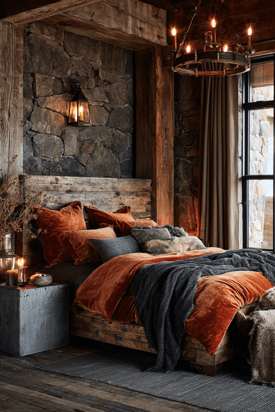 A rustic luxe bedroom with reclaimed wood, brass accents, and velvet cushions
