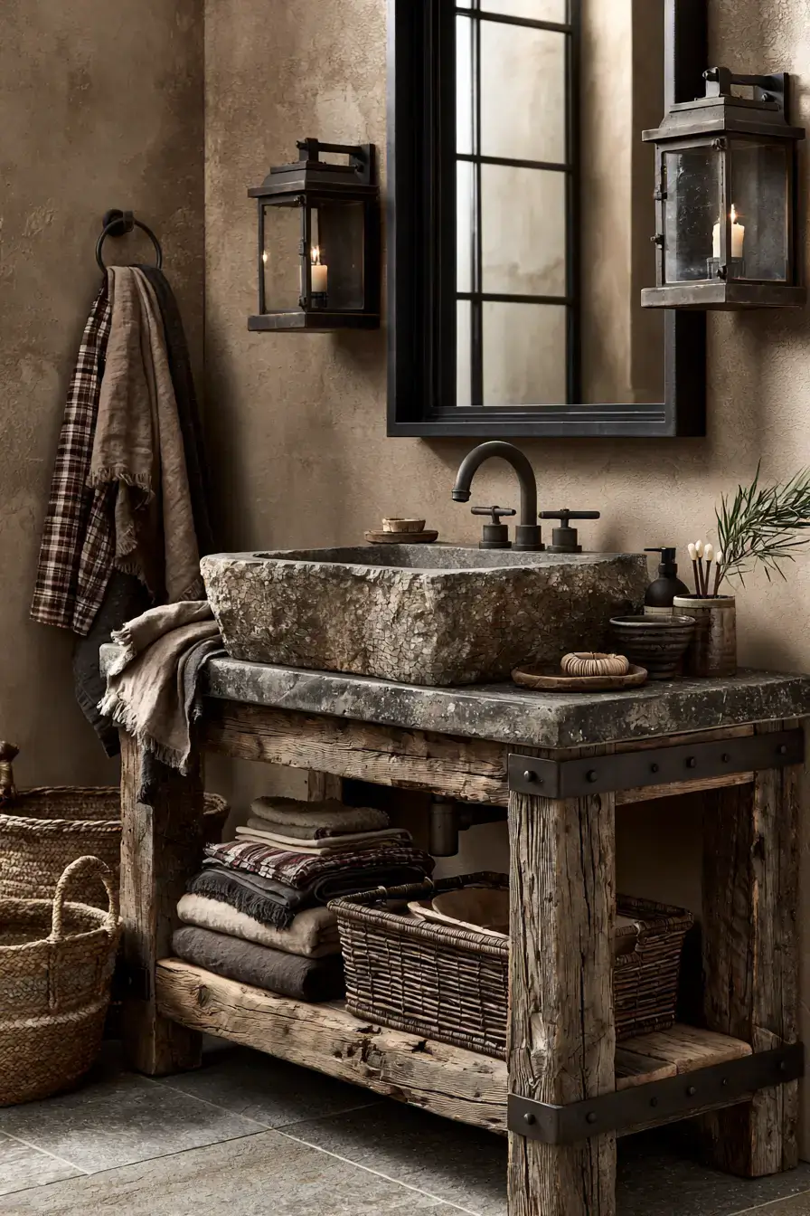 A rustic bathroom vanity with a natural stone sink and reclaimed wood
