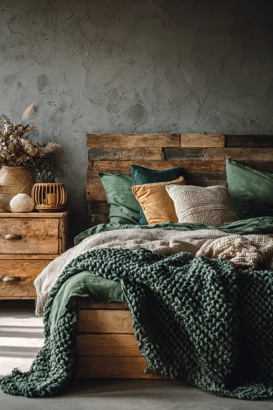 A rustic green boho bedroom with distressed wood furniture and layered blankets