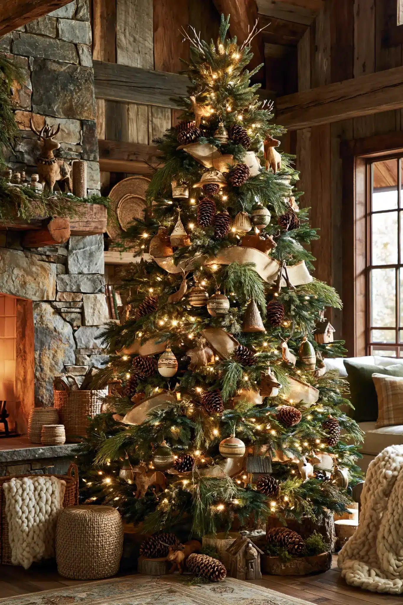 Rustic woodland Christmas tree with pinecones, burlap ribbon, and nature-inspired ornaments