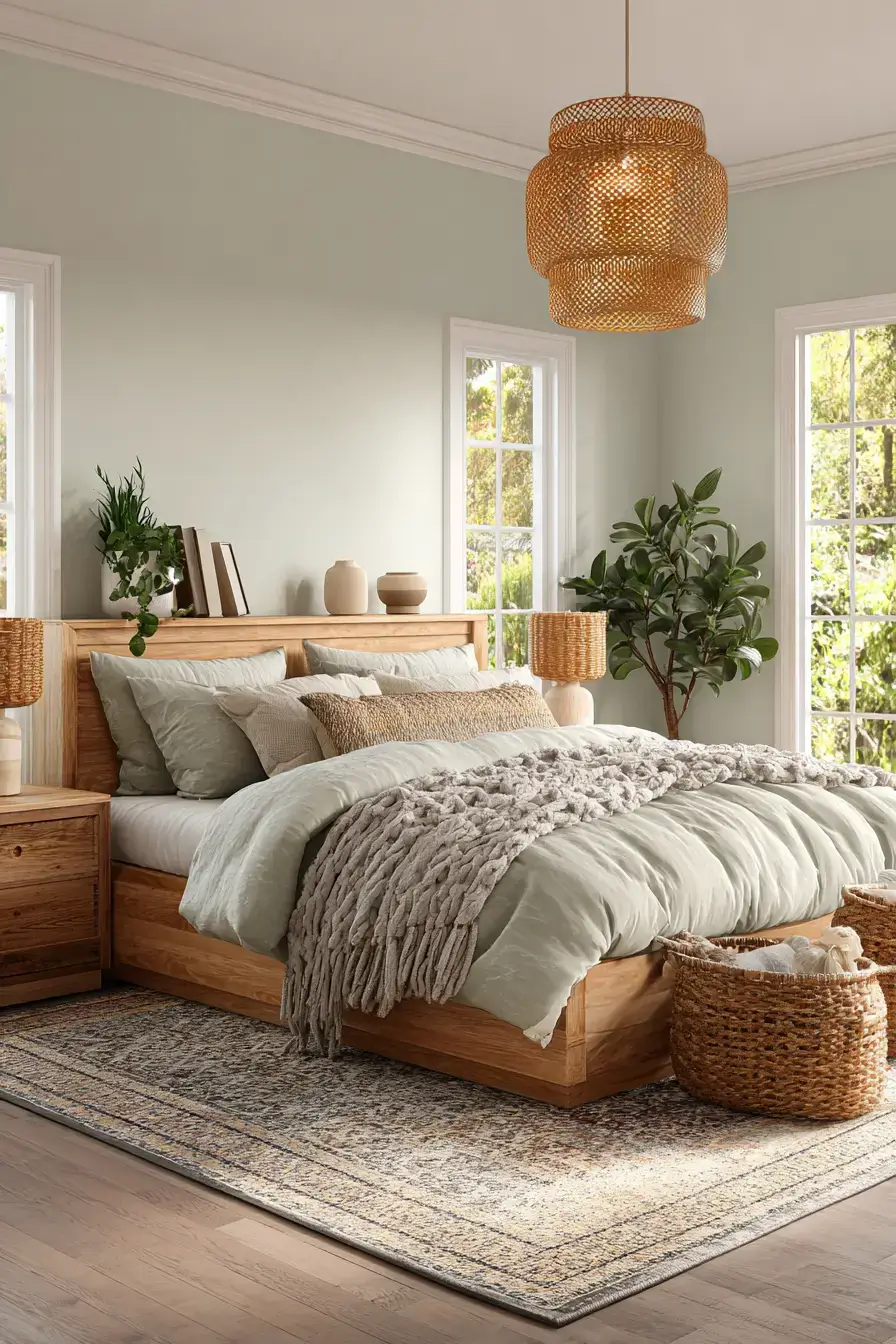 A sage green boho bedroom with rattan furniture and woven lighting