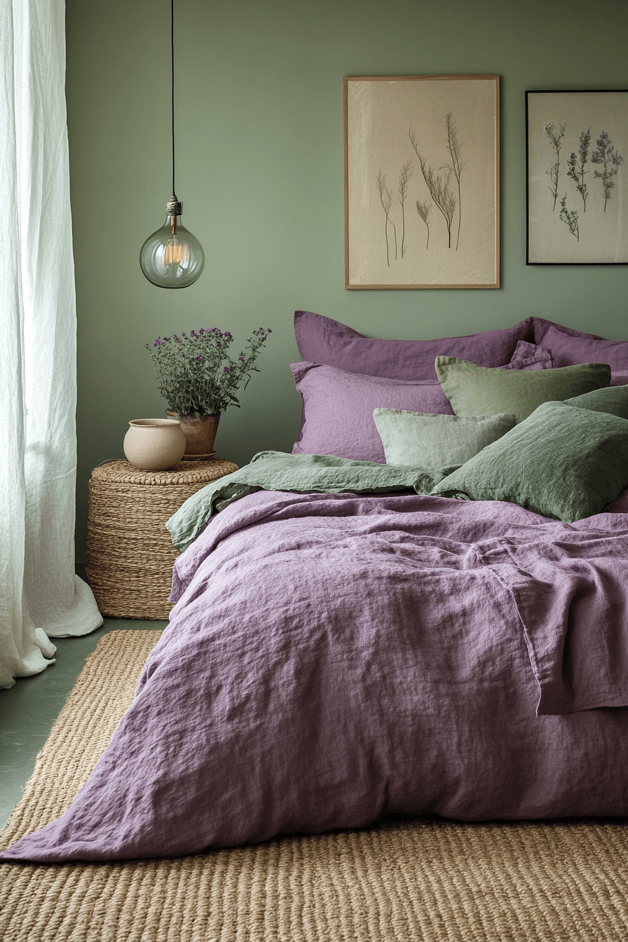 Bedroom with sage green and purple decor for a calm nature-inspired look